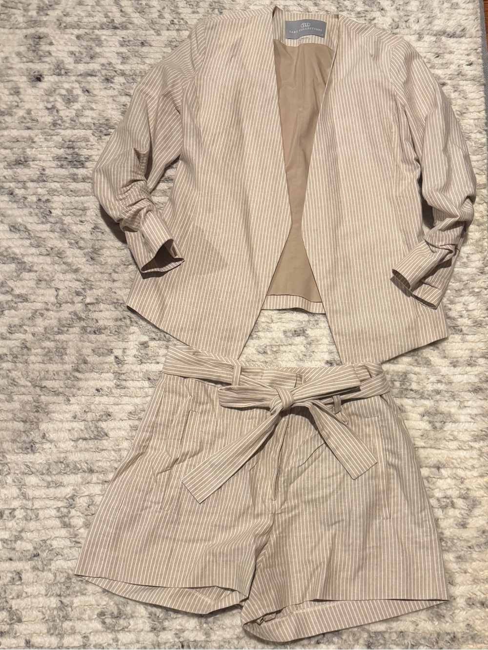 Tart Collection Tan White Striped Blazer Shirt Set Cotton Linen Blend